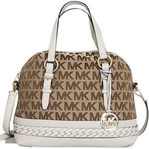 MICHAEL KORS GLADSTONE LARGE MK LOGO BEIGE VANILLA TOP ZIP SATCHEL BAG NWT!